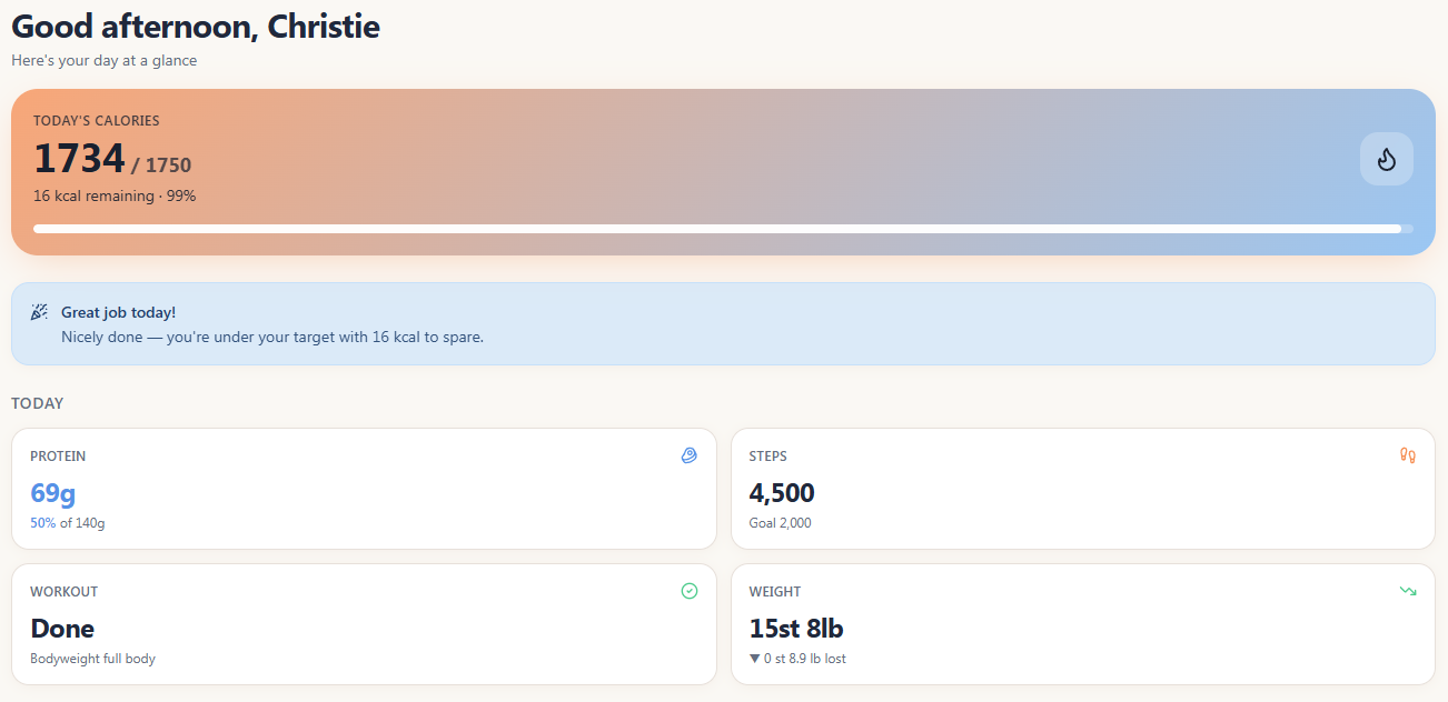 Leanr app dashboard showing daily calories, protein, steps, workout and weight